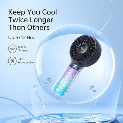 JISULIFE Handheld Portable Fan with Powerful Motor,LED Display,3600mAh Battery,5 Wind Speeds,Lanyard; Summer Essentials USB Rechargeable Hand held Fan for Travel,Beach,Makeup,Concerts-Black