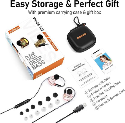Vibes 202ML Wired Earbuds - HiFi in Ear Headphones - Noise-Isolating Ear Buds w/ Mic - Clear Sound, Deep Bass, Comfort-Fit Earphones - MMCX–Lightning for iPhone 5–14, Silver Plated Cord, Carrying Case