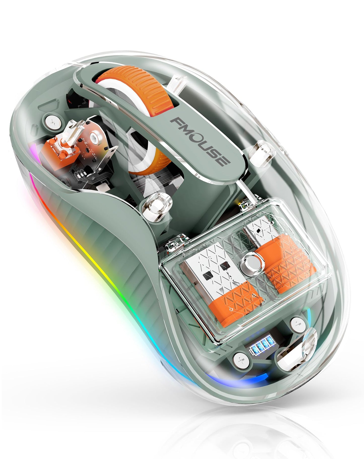 Bluetooth Wireless Mouse, Transparent RGB Tri-Modes Mouse,Bluetooth & 2.4GHz for Multi Device, USB-C Receiver Ideal for MacBook/Laptops, Rechargeable, Silent, Portable, Cool LED, Ergonomic - Green