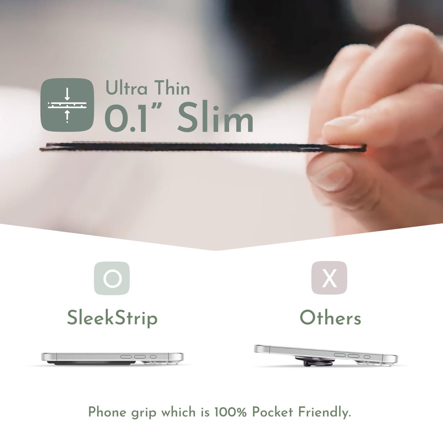 SleekStrip SleekGrip-Essential Ultra Thin Phone Grip Stand,Slim Metal Finger Loop Ring Hand Holder Strap Cell Phone Grips for iPhone 16 Pro Max,17 Air,Android,Case Back - Frosted x Pure White