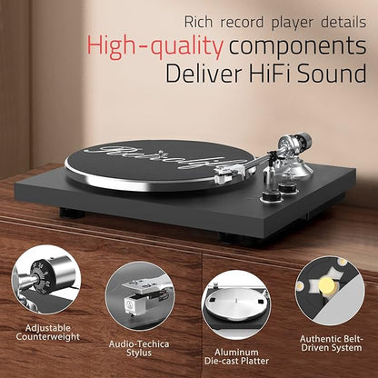Turntables Record Player Wireless Output Connectivity Vinyl Player Belt-Drive Turn Tables Support 33&45 RPM Speed Phono Line Output USB Digital to PC Recording ATN3600L MM Cartridge Black