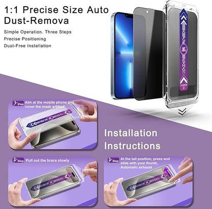 2 Pack Privacy Screen Protector for iPhone 16e/iPhone 14/iPhone 13 Pro/iPhone 13, 9H Tempered Glass, Full Coverage, Anti-Fingerprint, Auto Dust-Elimination, No Bubble, Easy Installation