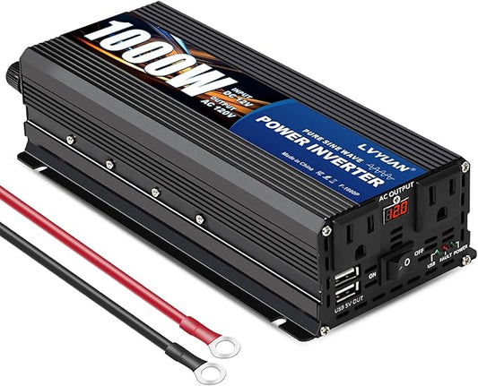 LVYUAN 1000 Watt Pure Sine Wave Power Inverter 12V to 110V/120V DC to AC Converter with Dual Sockets, Dual USB Ports, LED Display for Home Outdoor RV Car Power Inverter Power Adapter