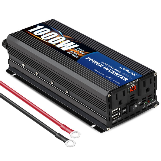 LVYUAN 1000W Pure Sine Wave Inverter 12V DC to 110V/120V AC, 2000W Peak Car Power Inverter with Dual AC Outlets, Dual USB Ports & LED Display for RV, Truck, Solar, Camping, Home Backup