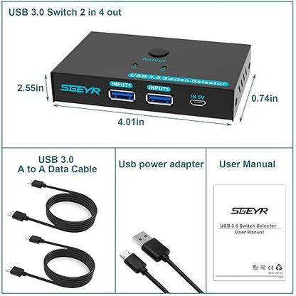 SGEYR USB 3.0 Switch USB Switcher 2 Computers Sharing 4 USB Devices USB Metal KVM Switch for Printer, Keyboard switches, Scanner PCs with One-Button Swapping and 2 Pack USB Cables