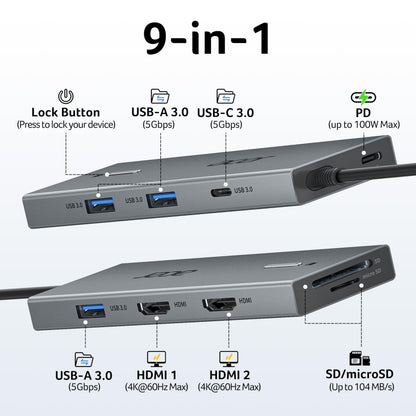 Acer USB-C Docking Station Dual Monitor, 9-in-1 Laptop Dock with 2 HDMI