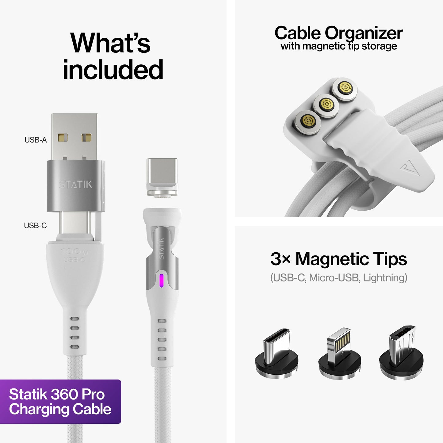 Statik 360 Pro Magnetic Charging Cable, USB-C Micro-USB Lightning Tips 100W