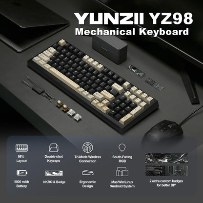 YUNZII YZ98 Gasket Mechanical Keyboard,99 Key Hot Swappable BT5.0/2.4G/USB-C Wireless NKRO 98% 1800 Layout with RGB LED Backlit for Linux/Win/Mac(Black, Cocoa Cream V2 Switch)