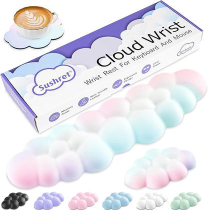 Cloud Wrist Rest Keyboard, Cloud Keyboard Wrist Pad Set with PU Leather Memory Foam, Cute Arm Rest for Palm Support, PC/Gaming Desk Accessories/Office Setup/Computer Hand Cushion - Rainbow