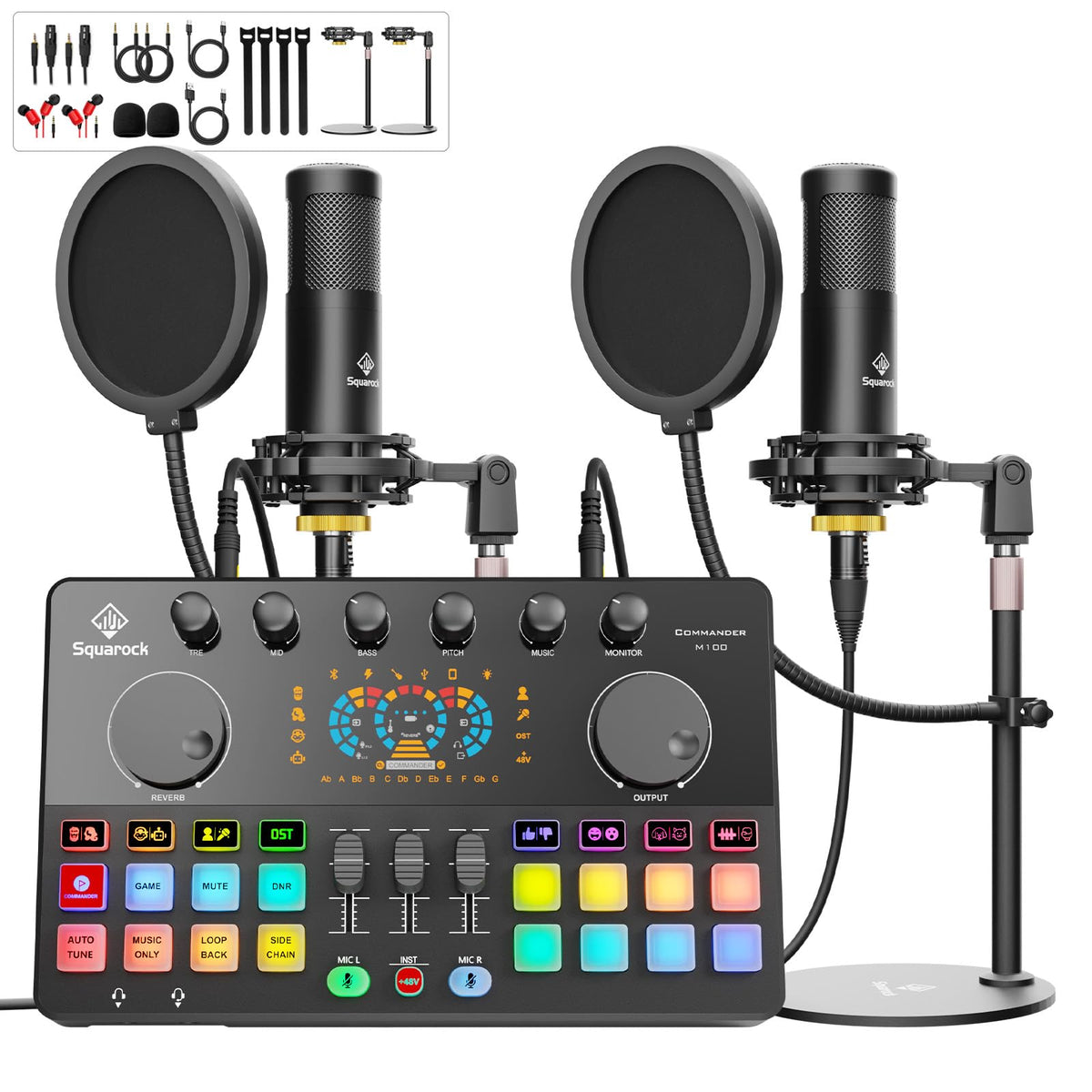 M100 2‑Person Podcast Equipment Bundle,48V XLR Dual Condenser Mics