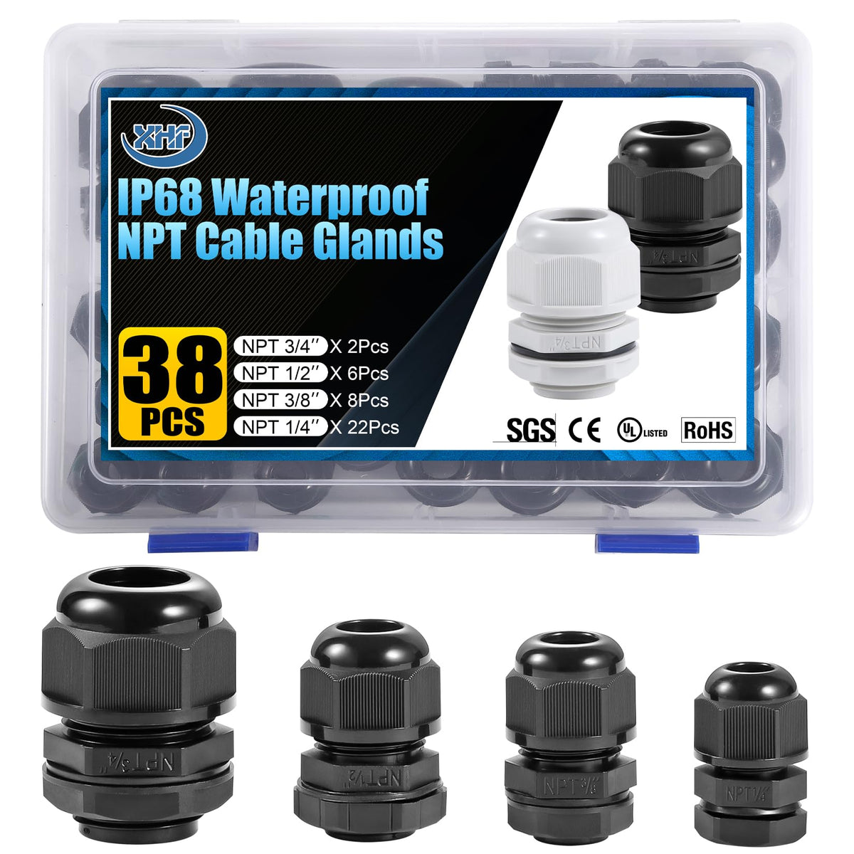 XHF 5 Pcs 3/4" IP68 Strain Relief Nylon Cord Grip NPT Cable Glands Adjustable UL Listed and RoHS Compliant (Black)