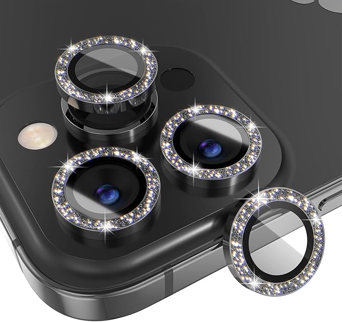 Choiche [3+1 for iPhone 14 Pro/iPhone 14 Pro Max Camera Lens Protector Bling, 9H Tempered Glass Camera Cover Screen Protector Metal Ring Decoration Accessories (Glitter-Black)