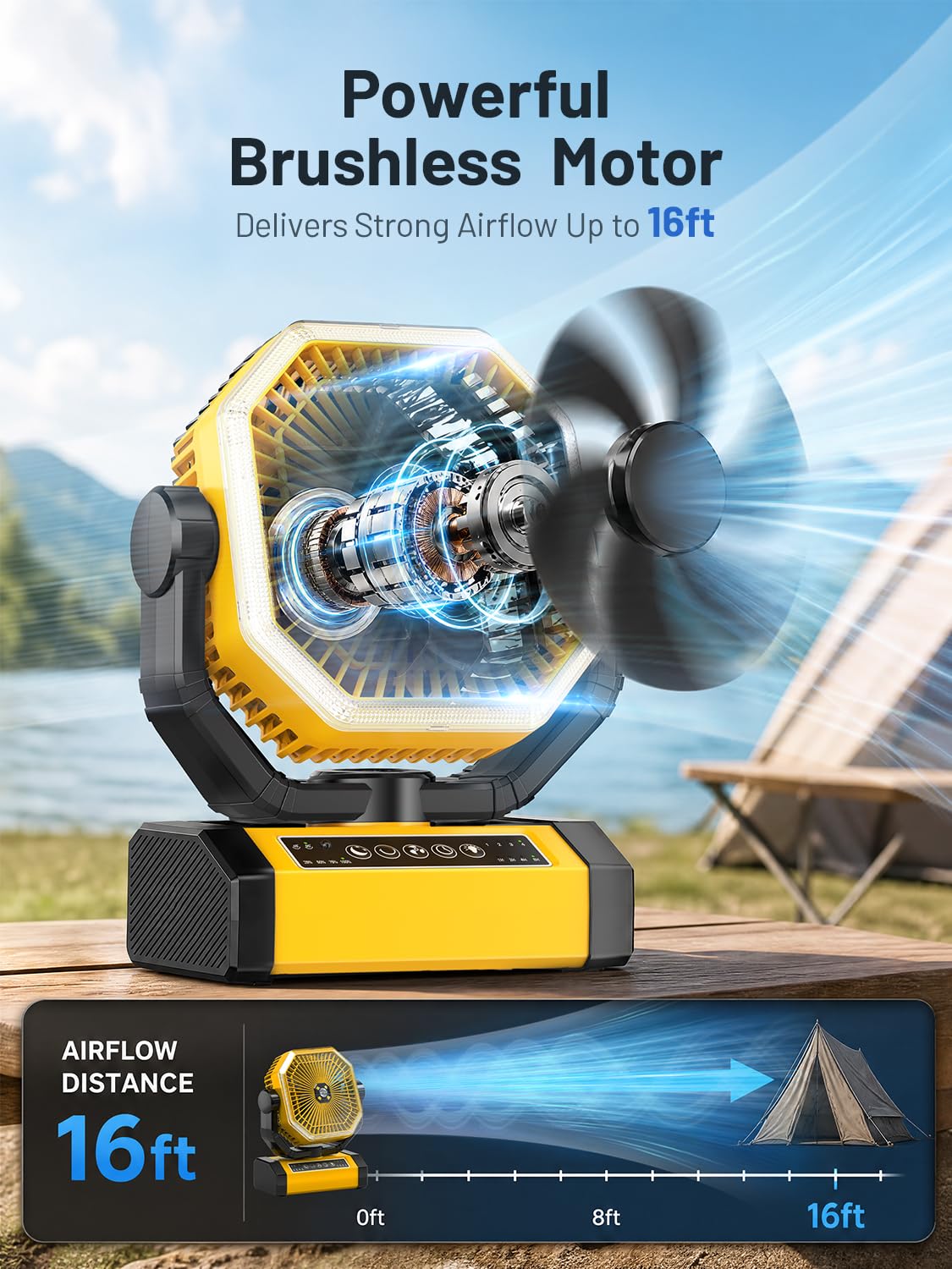 Battery Powered Fan - 9-Inch Rechargeable Fan Portable, 24000mAh(60Hrs) Camping Fans for Tent, Auto Oscillation Cordless, Tent Fans for Camping with Remote/light, 4 Speeds, 4 Timing, Outdoor, Yellow