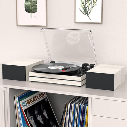 Record Player for Vinyl with External Speakers, Belt-Drive Turntable with Dual Stereo Speakers Vintage Vinyl LP Player Support 3 Speed Wireless AUX Headphone Input Auto Stop for Music Lover White