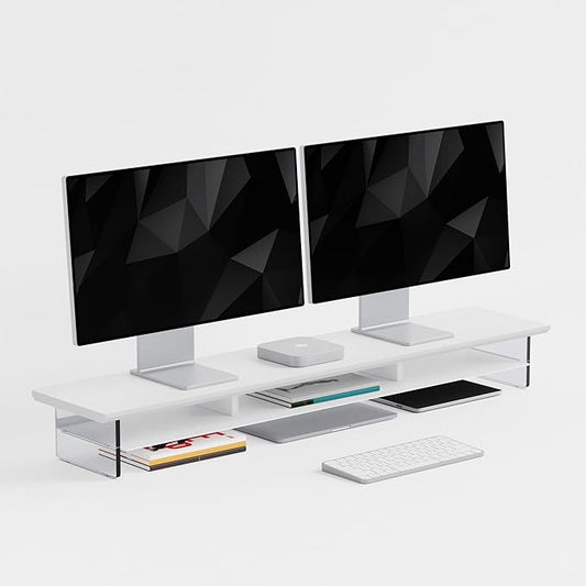FENSULN Dual‑Tier Monitor Stand for Modern Desk Setup – Minimalist Wooden and Metal Riser Shelf with Transparent Acrylic Feet for Dual Monitors, Laptops, Home Office Aesthetic，White