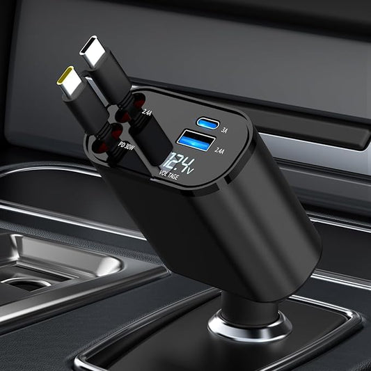 Retractable Car Charger Compatible with Galaxy Pixel, 4 in 1 Fast Charging Car Charger 60W, Double Type C Retractable Cable and 2 USB Ports