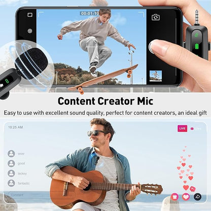 Wireless Lavalier Microphone for iPhone, Android, USB C, PC, Camera Video Recording 4 in 1 Clip-on Mics with Rotatable Clip&Denoise Recording, for Vlog Tiktok YouTube Podcast Content Creator