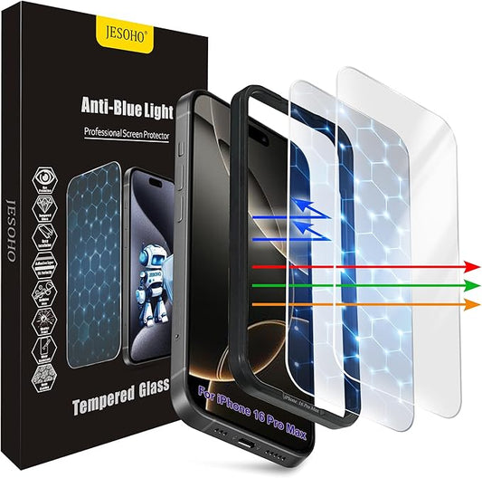 JESOHO Screen Protector for iPhone 16 Pro Max[6.9 inch],3RD Colorless Anti-Blue Light Tempered Glass Films, HD Clear, 9H Hardness, No Bubbles, Case Friendly 2 Pack