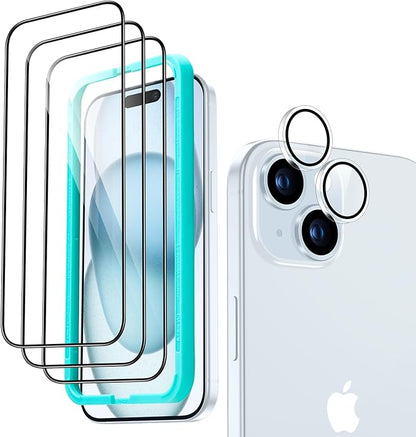 ESR 3+1 Pack for iPhone 15 Screen Protector, 3 Tempered-Glass Screen Protector and 1 Set Camera Lens Protector, 2.5D Curved Edges, Full-Coverage Military-Grade Protection, Scratch Resistant