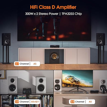 Douk Audio A5 2 Channel TPA3255 Stereo Amp, 300 Watts x2 Mini Hi-Fi Audio Power Amplifier Class D for Home Theater System, Passive Bookshelf Tower Speakers with High-Pass Filter + 32V Power Supply