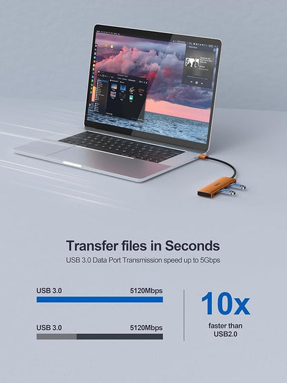 USB 3.0 Hub,4 Port USB Splitter Extender Portable Adapter Multiport Data Hub for Laptop,Xbox, Flash Drive,HDD,Console,Camera,Keyborad,Mouse Windows,Mac OS PC,Not Designed to Charge Devices-Orange