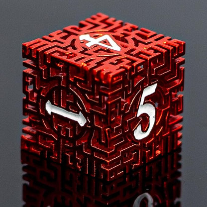 Red Metal Hollow DND Dice Set (Barbarian) Metallic Luster Maze Design with Storage Box - Balanced Weight 7 Piece Zinc Alloy, Designed for Dungeons and Dragons DM and Player RPG Accessories