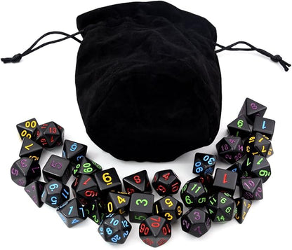 5 Sets New Black Polyhedral Dice with Satin-Lined Velvet Bag for Dungeons and Dragons DND RPG MTG D20 D12 D10 D8 D6 D4