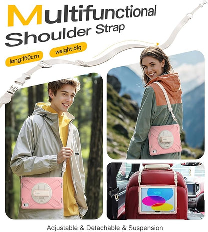 BRAECN for iPad (A16) 11th/10th Generation case 11/10.9 inch 2025/2022 Heavy Duty Shockproof Protective with Pencil Holder Screen Protector 360°Rotating Stand Handle & Shoulder Strap Full Body Cover