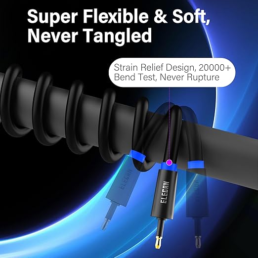 Elecan Mini Toslink to Toslink Digital Optical S/PDIF Audio Cable 10 Ft, Gold Plated Soft Flexible Fiber Optic Cable,Signal Protection PVC,Surround Sound for Soundbar,Home Theater,Hi-Fi System+Ties MI