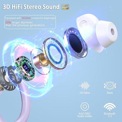 Wireless Earbud, Bluetooth 5.4 Headphones IP7 Waterproof for Sport, 48H Running Wireless Earphones with ENC Noise Cancelling Mic, Deep Bass Over Ear bud with Earhooks for Android, iOS, Workout, Purple