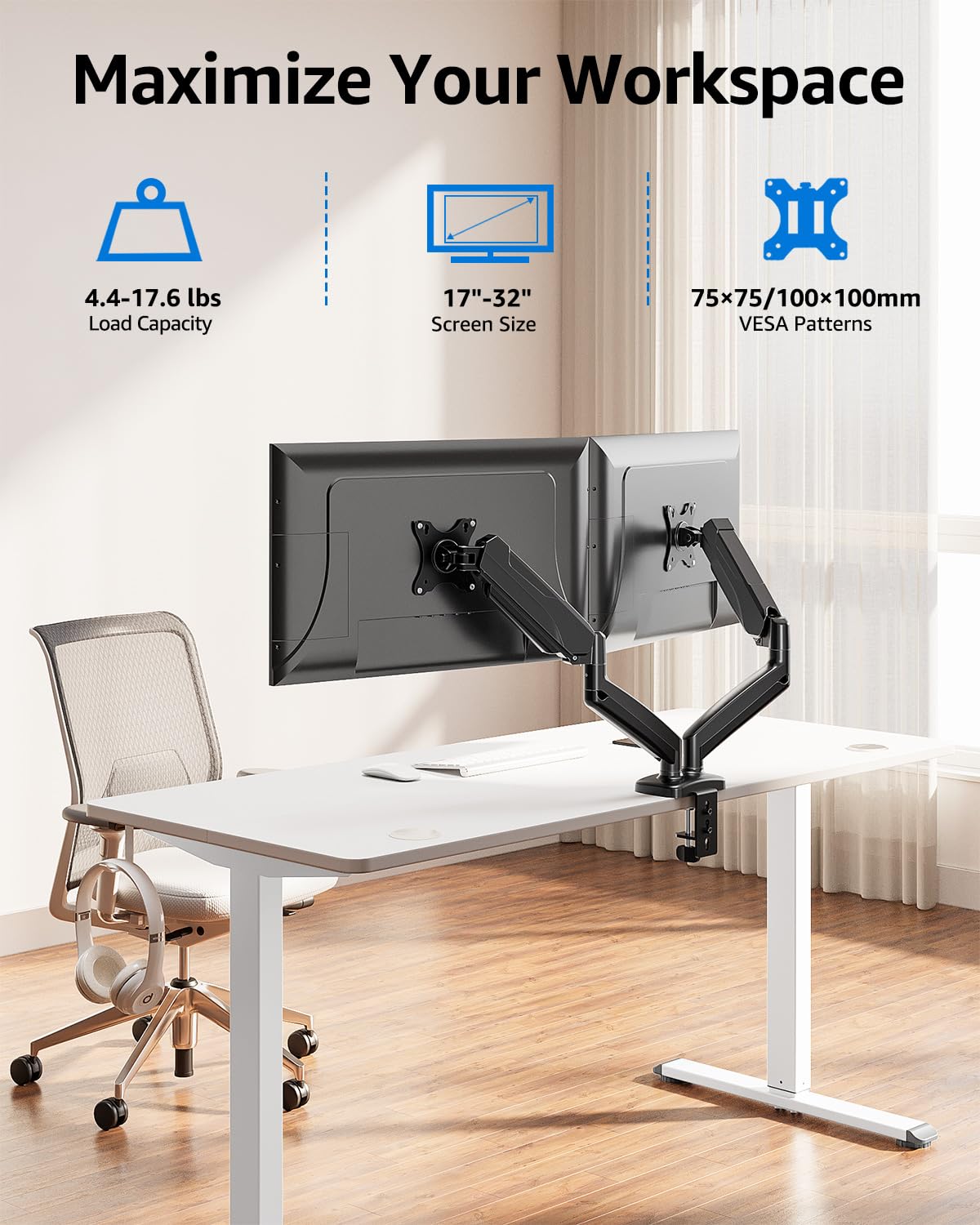 MOUNTUP Dual Monitor Stand for Desk, Monitor Arms for 2 Monitors 32 27 24 22 Inches, Height Adjustable Double Monitor Mount, VESA Mount with C-Clamp & Grommet Base, Holds 4.4-17.6lbs