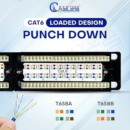 NewYork Cables 12 Port Cat6 Patch Panel – 10Gb Ethernet, 1U Horizontal Wall Mount Loaded 10-Inch Keystone, UTP, Cable Ties, – Black