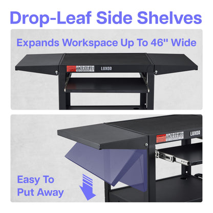 Leader Adjustable Height Rolling AV Cart, Mobile Workstation with Drop Leaf Shelves, Pullout Keyboard Tray, Locking Steel Cabinet, Power Strip for Classroom and Office Use (Black, 24-42 Inch)
