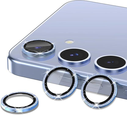 for Samsung Galaxy S25 Camera Lens Protector, Individual Metal Ring Tempered Glass Lens Cover, [Strong Adsorption] Scratch Resistant Ultra-Thin HD Clear Lens Cover, 1 Set-Blue Sparkly