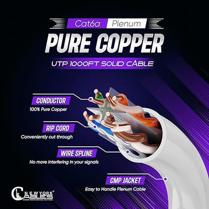 Newyork Cables | Cat6A Plenum (CMP) Cable 1000ft, 750MHz, PoE++ (4PPoE) | 100% Solid Bare Copper 10GB High Speed Ethernet Cable | 23AWG 4 Pair (UTP) Solid Conductors Available in 7 Colors (White)