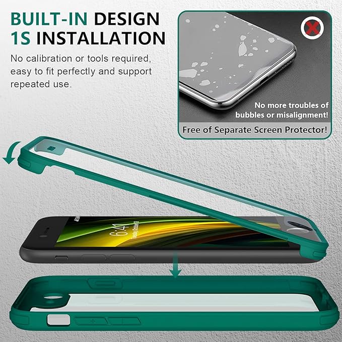 Miracase for iPhone SE Phone Case 3rd/2nd Generation 2022 2020 Full-Body with Built-in Glass Screen Protector, Heavy Duty 360° Protective Shockproof Bumper Cover for iPhone 8/SE, Green