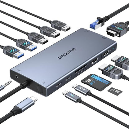 USB C Docking Station Dual Monitor 15 in 1 Laptop Docking Station Triple Display for Dell HP Lenovo Thinkpad Surface, USB C Hub Multiple Adapter Dongle with 4K HDMI+VGA+USB Port+Button+PD+Ethernet
