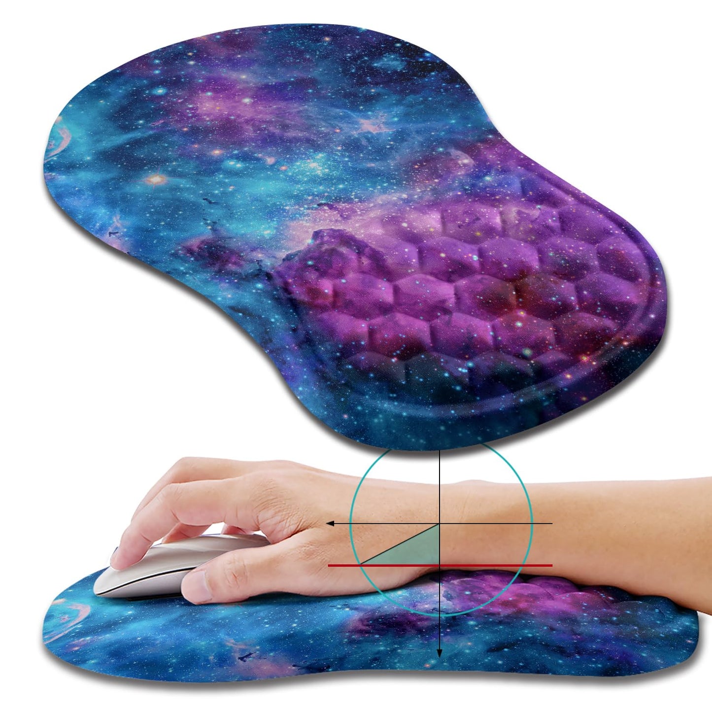 Hokafenle Ergonomic Mouse Pad Wrist Support, Wrist Rest Mousepad for Carpal Tunnel Pain Relief with Integrated Memory Foam Slope Massage Bulge (11.8x7.9 inch,Galaxy Nebula Space