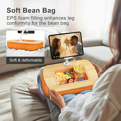 Lap Beanbag Tablet Pillow Stand with Snack Bowl and 360° Rotating Arm, Adjustable iPad Holder for Bed, Couch, and Recliner, Compatible with 4.7"-13" Kindle, iPad, Tablet, Phone,Orange