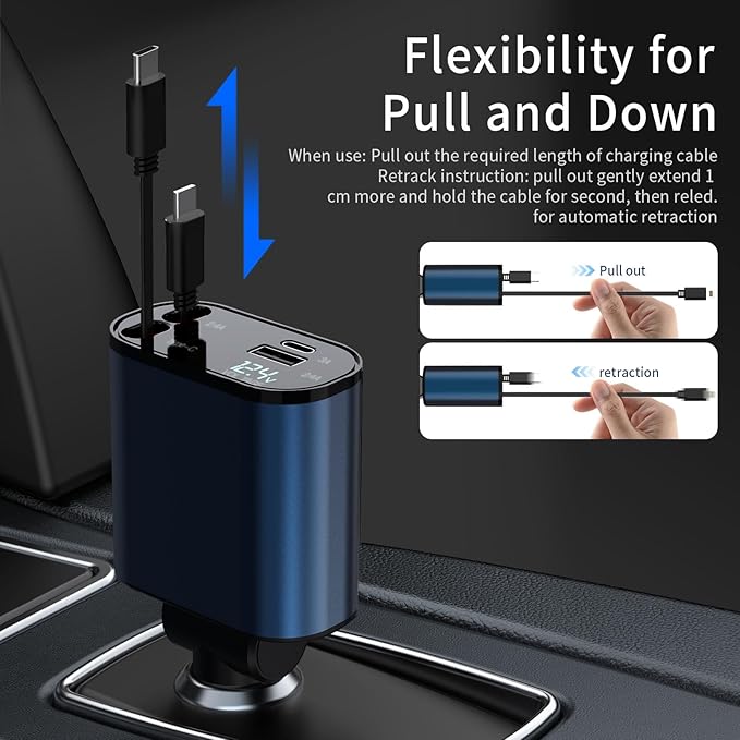 Retractable Car Charger Compatible with Galaxy Pixel, 4 in 1 Fast Charging 60W, Retractable Phone Charger for Car Retractable Cable and 2 USB Ports