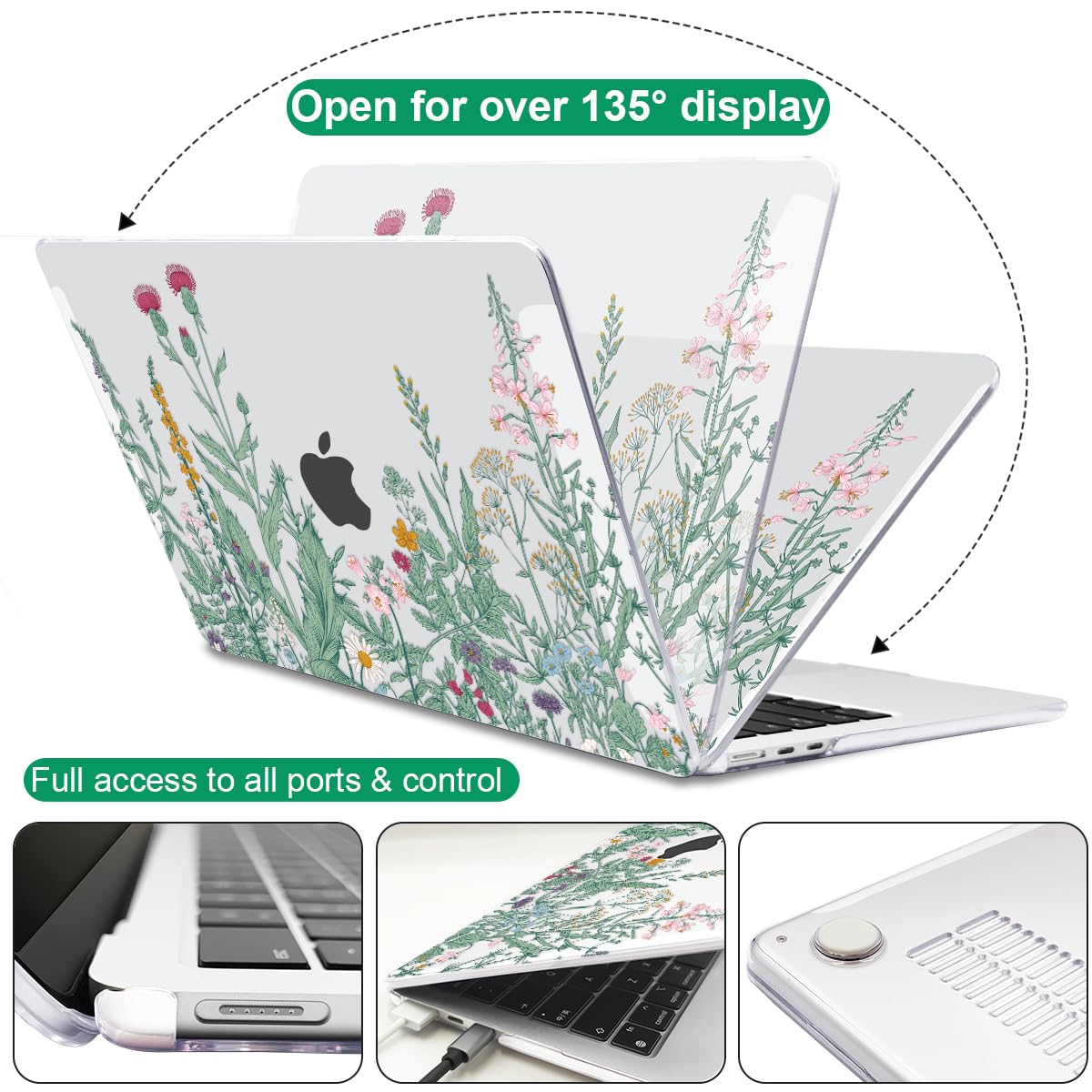 LCMOCICO for MacBook Air 13 Case M5 M4 M3 M2 2026-2022,Green Plants Flowers