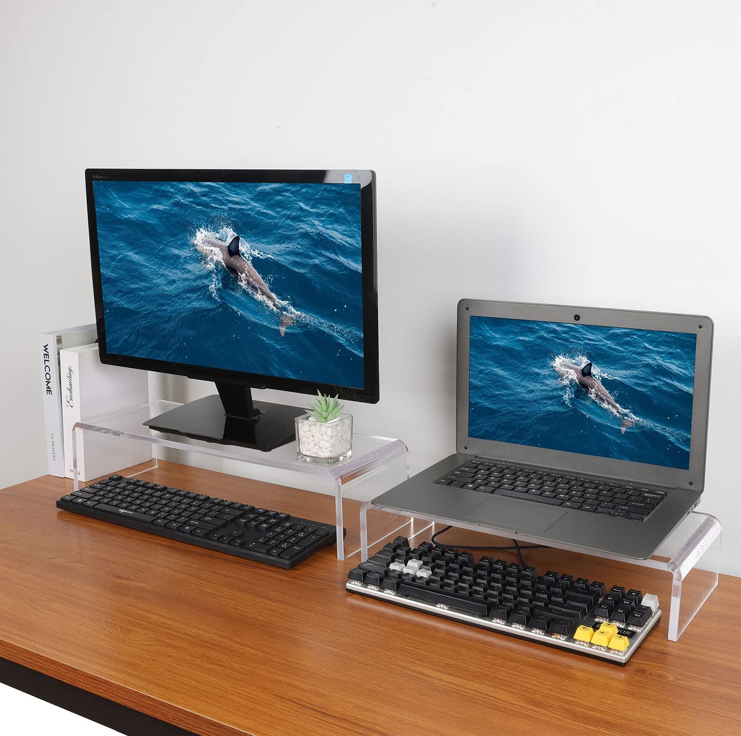 VAOLLO 2 Pack Computer Monitor Riser with keyboard cover Anti-Cat, Dual Monitor Stand Riser, Multimedia Desktop Stand for Dual Monitors/Laptop/Flat Screen TV (20"+14")