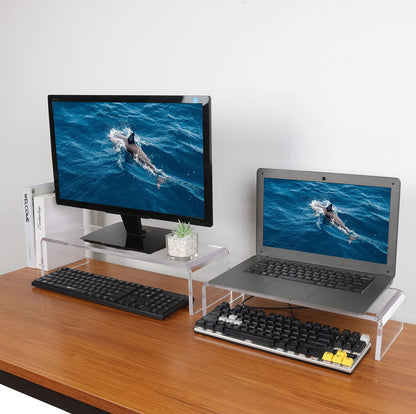 VAOLLO 2 Pack Computer Monitor Riser with keyboard cover Anti-Cat, Dual Monitor Stand Riser, Multimedia Desktop Stand for Dual Monitors/Laptop/Flat Screen TV (20"+14")