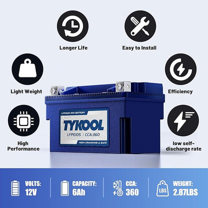 YTZ10S 12v lithium battery 6Ah 360CCA LiFePO4 battery, for Honda KTM Yamaha Harely Powersports Battery, Fit ATV, UTV, Scooter,Snowmobile, Motocross, Lawn Mower, Jt Ski, Motorboat,Quad,Tractor