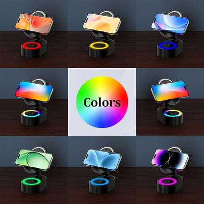 Wireless Induction Audio Bluetooth Speaker 5in1 Phone Holder Emergency Rechargeable (3000mAh) with Colorful Ambient Light 300° Foldable for Tablet iPhone Android, Gifts for Men Women (Black)
