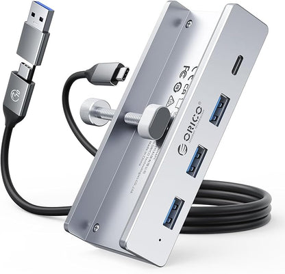 ORICO USB Hub 3.0, Clamp USB Hub with Extra Power Port, 3 USB-A Data Ports, USB-C Port for Monitors, Desks(Silver)