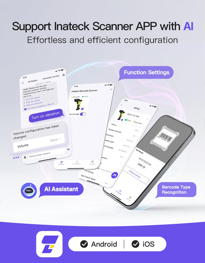 Inateck 2D Barcode Scanner, Wireless Bluetooth QR Reader, 2600mAh Battery, AI APP & SDK