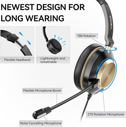 Wantek USB Headset with Microphone, Type-c/USB/3.5mm Jack 3-in-1 PC Headsets, Single Ear (Monaural) Headsets with Noise Cancelling and Volume Control for Call Centers, Skype, Zoom, Office,Business