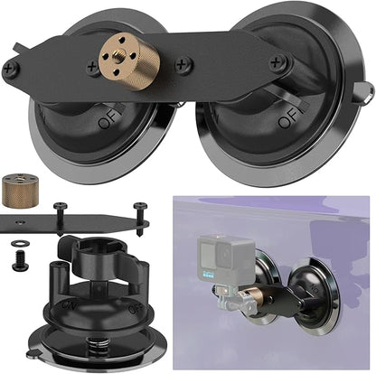 MINIFOCUS Dual Suction Cup Mount, Twist-Lock Dual Suction Cup Base with Camera Thread Adapter, Quick Release Double-Layer Suction, Windshield Window Car Mount for Magic Arm Gopro Adapter