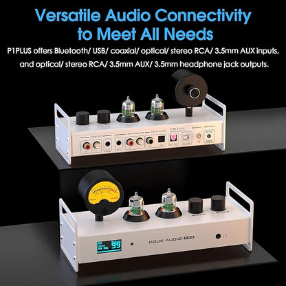 Douk Audio 2 Channel Bluetooth Vacuum Tube Preamp, Hi-Fi Headphone Amp, USB DAC PC Sound Card, Wireless Receiver Audio Preamplifier with VU Meter, Optical, Coaxial, APTX, LDAC, DSD256, Remote Control